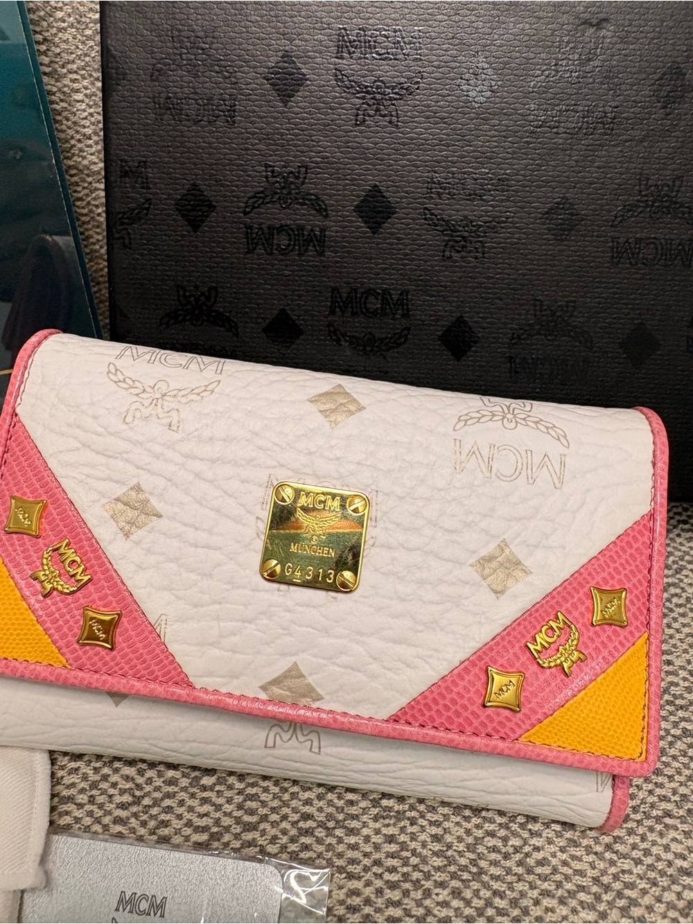 MCM Pink & White Leather Tri-Fold Envelope Wallet
